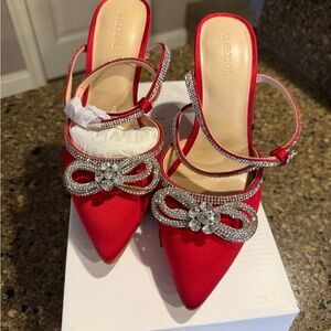Red Satin Women's Heels with Rhinestone Bow
